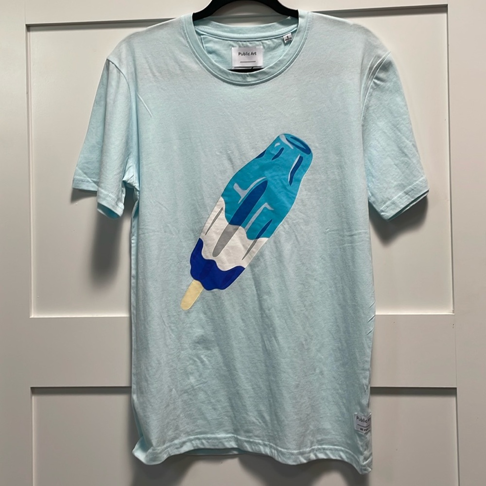 Men's T-shirt by Public Art. Popsicle graphic. Aqua/white/blue. Sz S